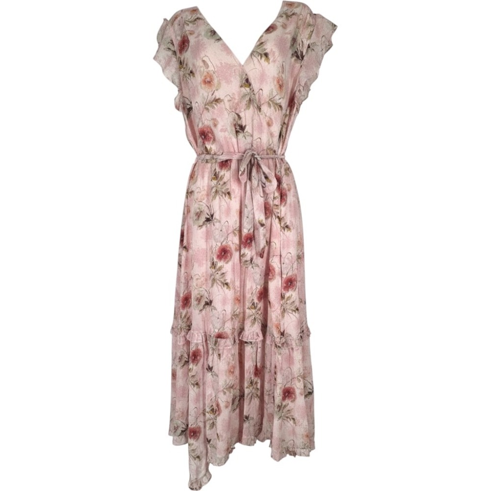 PAIGE Pink Floral Silk Tiered Maxi Dress Ruffle 10 Chiffonโ Handkerchief Hem